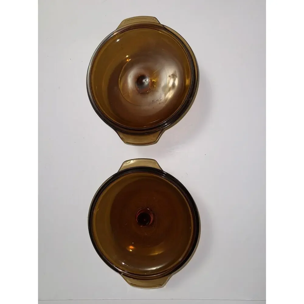 2 Vintage MCM Anchor Hocking Amber Glass Round Casserole Dish w/ Lid 437 1.5 Qt